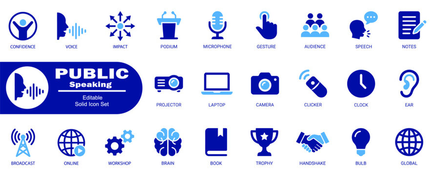 Public speaking and communication icon set. Featuring presentation tools, lecture equipment, and conference stage technology.