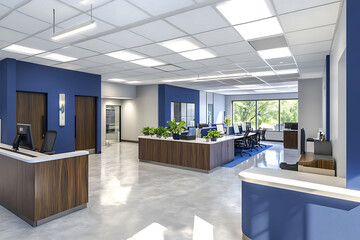 Fototapeta premium Modern open plan corporate office interior with blue walls and wood desks featuring bright led ceiling lighting and indoor potted green plants