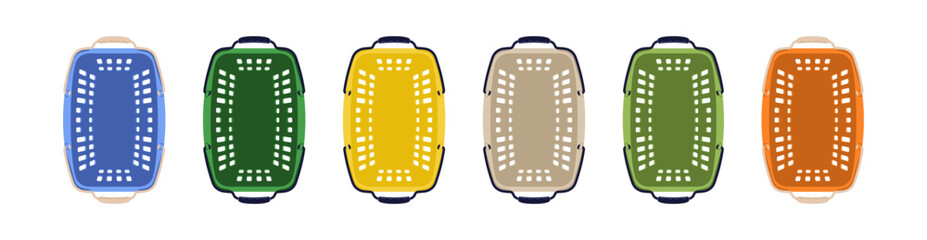 Empty supermarket shopping baskets set, top down view. Clean plastic grocery store containers in different colors, from above. Flat vector illustrations isolated on white background © Good Studio