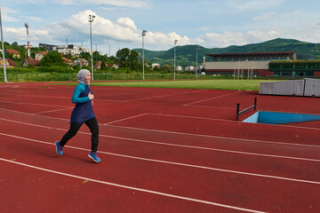 Fototapeta premium Muslim Woman Running on Outdoor Track in Hijab Training for Fitness and Sport