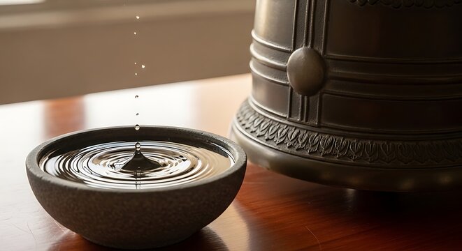 Water drop falling into a stone bowl near a ritual bell for meditation