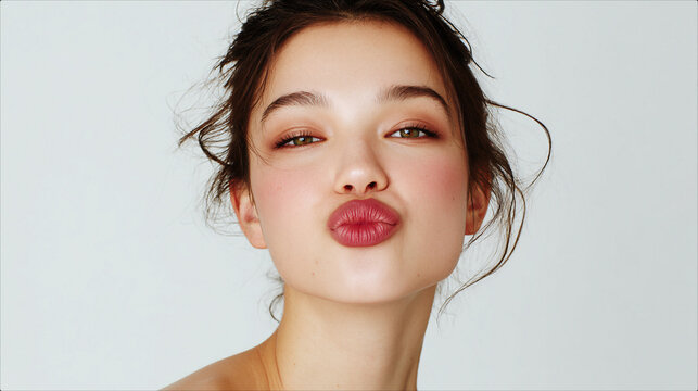 Beautiful Young Woman Making a Kissy Face Pouting Lips in Beauty Portrait, Flawless Glowing Skin and Natural Makeup Look, Trendy Messy Bun Hairstyle on Plain Background for Skincare Advertisement.