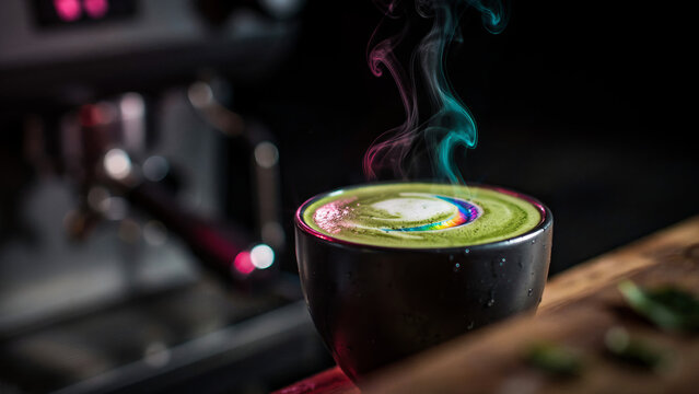 Steaming matcha latte with colorful foam in a dark setting