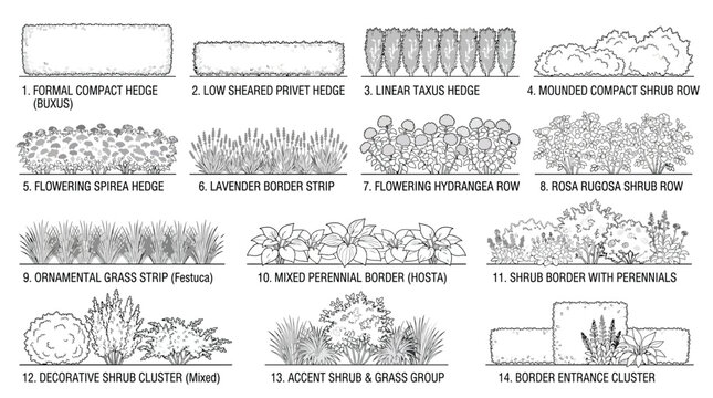 Illustration of various garden hedge and shrub border designs and types