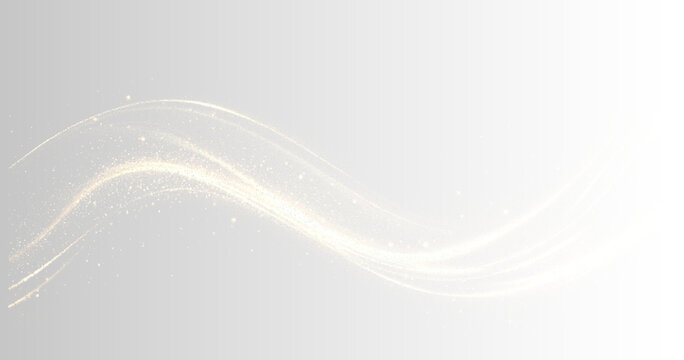 Gold soft light wave draws bright line in vibrant png flow and starts to twist upward particles twirl around its edges while smooth swirl expands slowly magical dust bokeh on transparent background