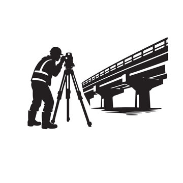 Construction Worker Surveying Bridge Structure With Theodolite For Civil Engineering Concepts