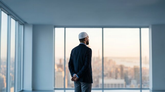 Muslim businessman looking through office window at city skyline at sunset