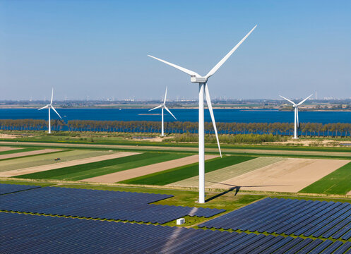 Aerial view of solar panels and wind turbines in the Netherlands