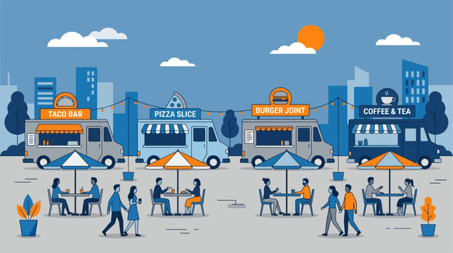 Flat design outdoor food court with food trucks for taco bar, pizza slice, burger joint and coffee tea, people dining under umbrellas with city skyline, sun and string lights in modern illustration st