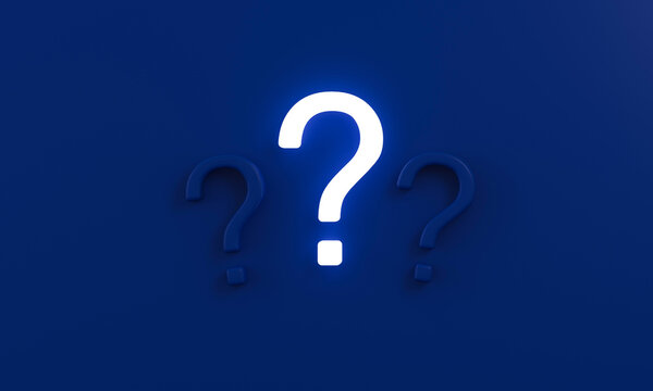 Glowing 3d question mark symbol on a dark blue background