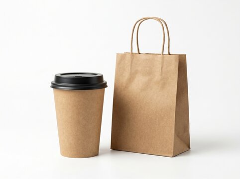 Brown paper coffee cup and takeout bag on white surface