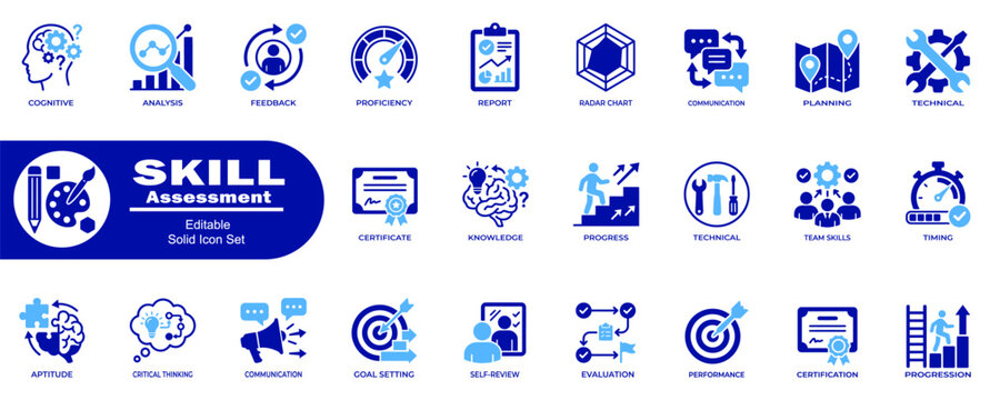  Skill assessment solid icons. Employee evaluation and career growth tracking with an academic and technical skill symbol set.