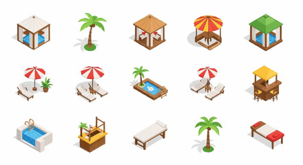 Isometric collection of resort and spa elements, including cabanas, lounge chairs, pools, and palm trees. © Syakilla