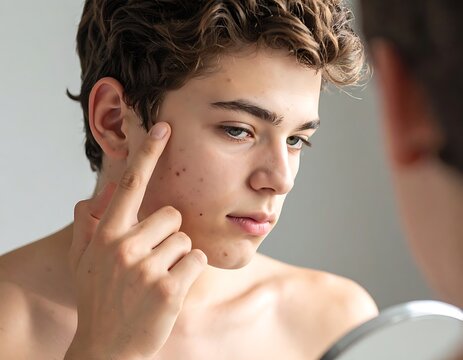 Young man examining acne on face.