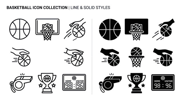 Basketball Icon Collection: Line and Solid Styles for Sports Design