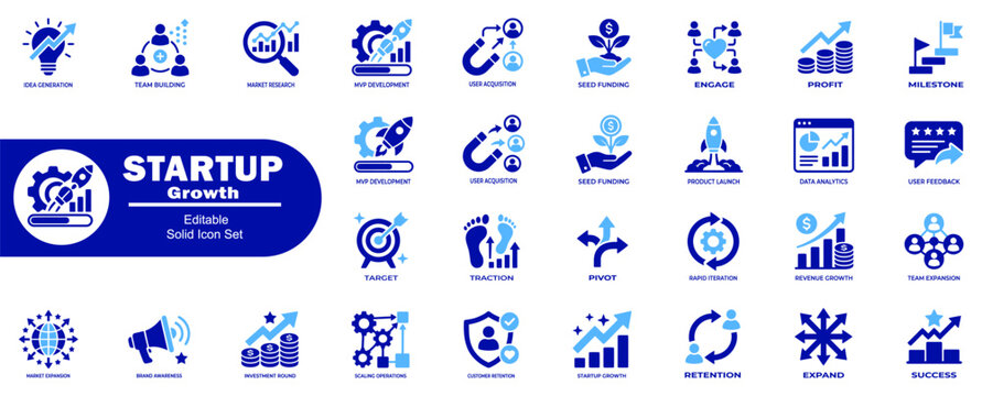 Startup growth icons set. Editable solid design for business analytics strategy and digital marketing concepts.