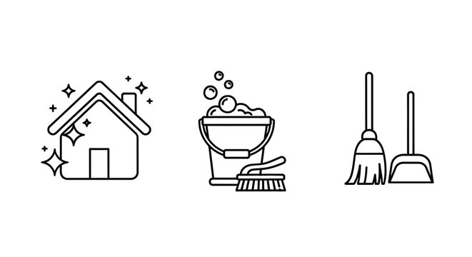 House Bucket And Broom Line Icons On White Background