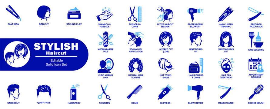 Stylish haircut icons set. Editable solid blue for beauty salon, styling hair care, and barber shop services vector illustration.