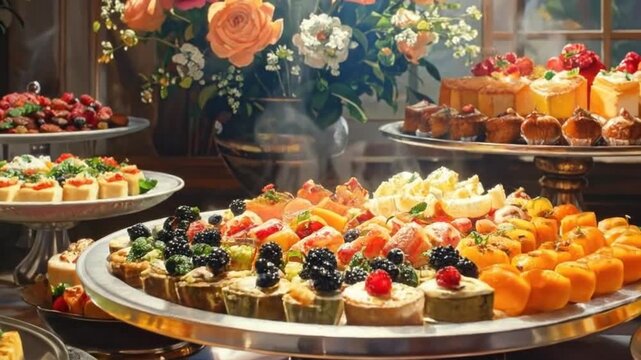 A large buffet table with many different types of delicious food items