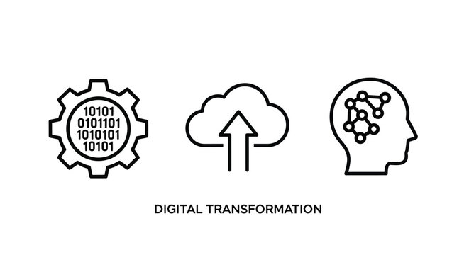 Gear cloud and brain icons with binary code on a white background