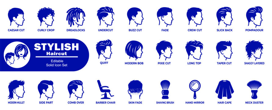 Stylish haircut icons set. Editable solid blue for male and female hairstyles, salon services, and barber shop.