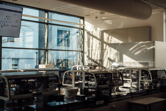Automated research equipment in modern empty science laboratory