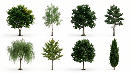 Fototapeta premium Collection of eight diverse realistic trees with lush green foliage isolated on a clean white background for landscape architecture design.