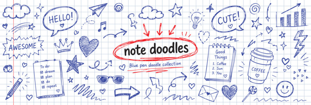 Collection of hand drawn doodles including speech bubbles, stars, hearts, coffee cup, and arrows, sketched with a blue pen on grid paper.