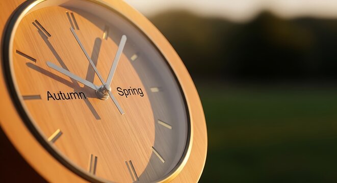 Wooden wall clock indicating seasonal change between autumn and spring