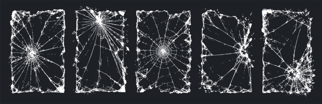 Collection of realistic cracked glass screen overlays with various fracture patterns and shattered edges on a dark background.