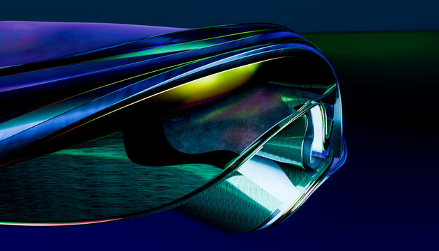 Abstract 3D render of smooth transparent curves with neon reflection