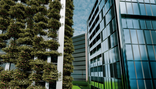 Modern sustainable office building with living green wall
