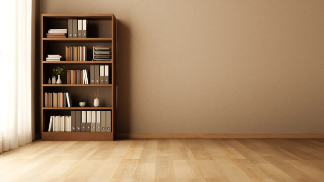Wooden bookshelf with file folders on parquet floor in corner beside window in living room or office