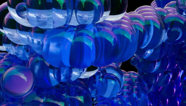 Abstract 3D rendering of blue iridescent spheres in a cluster