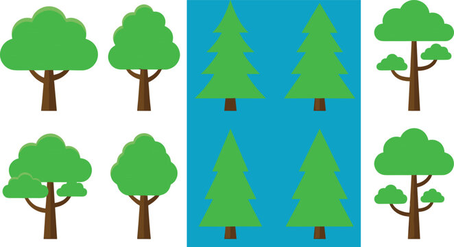 Green tree vector icon set. Flat illustration of deciduous trees, pine fir trees, trunks, branches, foliage, nature conservation, forestry and environment design elements.