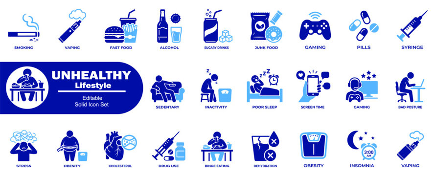 Unhealthy lifestyle solid vector icons. Featuring smoking, vaping, fast food, alcohol, sugary drinks, junk food, and gaming illustration.