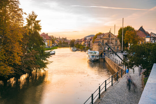 Germany, Bavaria, Bamberg, old town, Regnitz river at twilight