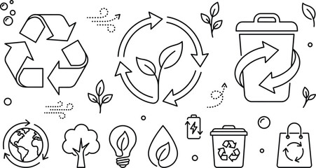 Recycling ecology sustainability and green planet line art vector icons collection featuring circular arrows trash can leaves trees © MDSAIFUL