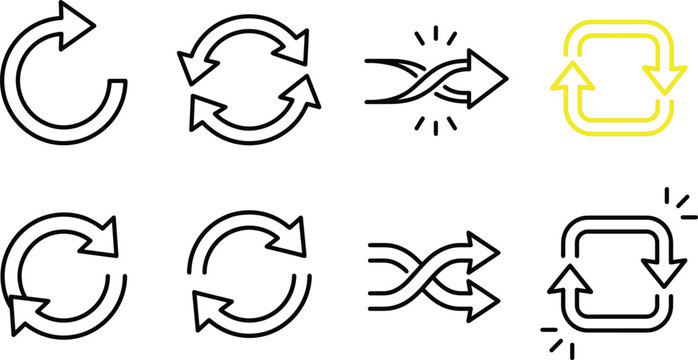 Refresh reload shuffle and loop arrow line art vector icons collection featuring sync repeat update and reset symbols