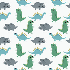Seamless pattern with cute cartoon dinosaurs, including a tyrannosaurus, triceratops, and brontosaurus. © Ayat