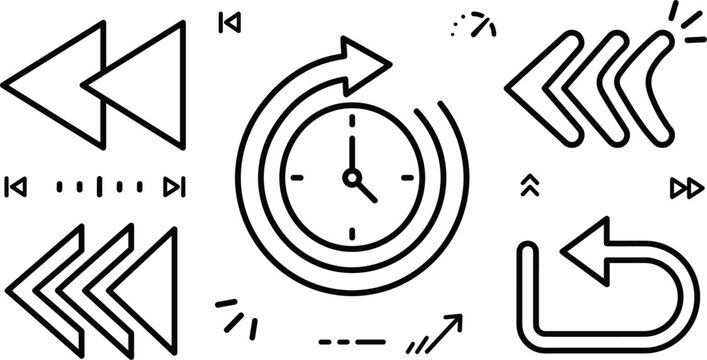 Rewind backward arrows and media clock line art vector icons collection featuring player controls history undo return symbols