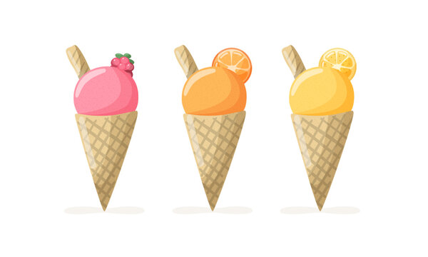 Ice cream cones set with raspberry, orange and lemon flavors