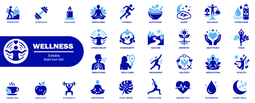 Wellness icon collection. Displaying a healthy lifestyle, habits, including yoga, meditation, fitness, nutrition and sleep routine.