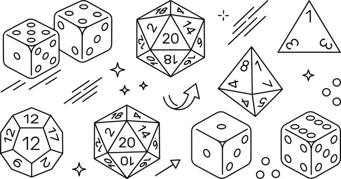 Roleplaying game polyhedral dice vector icon set with d20 d12 d8 d4 standard cubes and line art elements