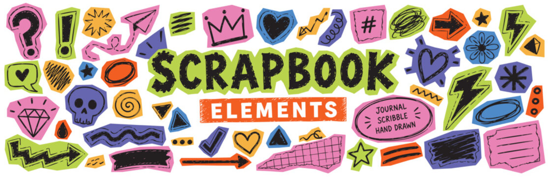 Collection of hand drawn scrapbook elements, doodle stickers, paper cutouts, frames, arrows, symbols, hearts, stars and shapes isolated on white background