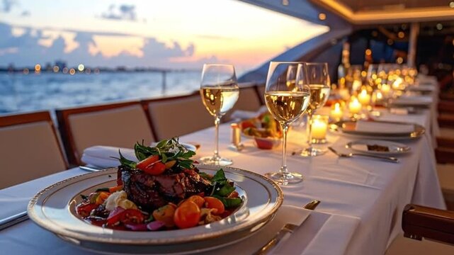 Elegant dinner setting on a boat with food and drinks at sunset
