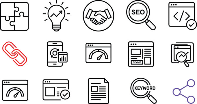 Search engine optimization SEO marketing line art vector icons collection featuring website analytics keyword research link building speed
