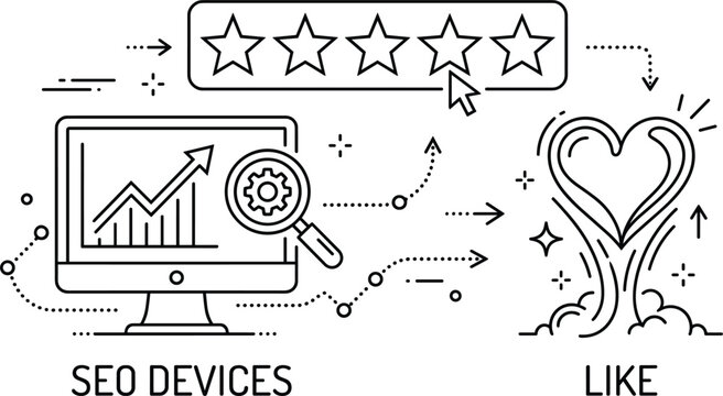 Search engine optimization SEO rating and social media marketing line art vector illustration featuring screen analytics heart star feedback