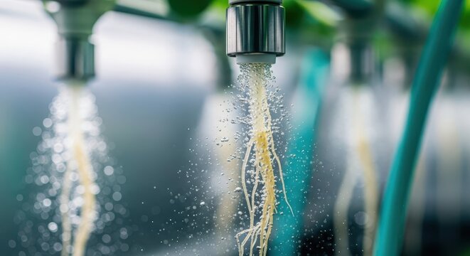 Intricate plant roots receiving a refreshing cascade of water from a modern faucet, illustrating vital hydroponic cultivation and life support.