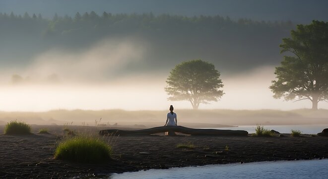 Woman meditating on a wooden log in a misty lake landscape at sunrise